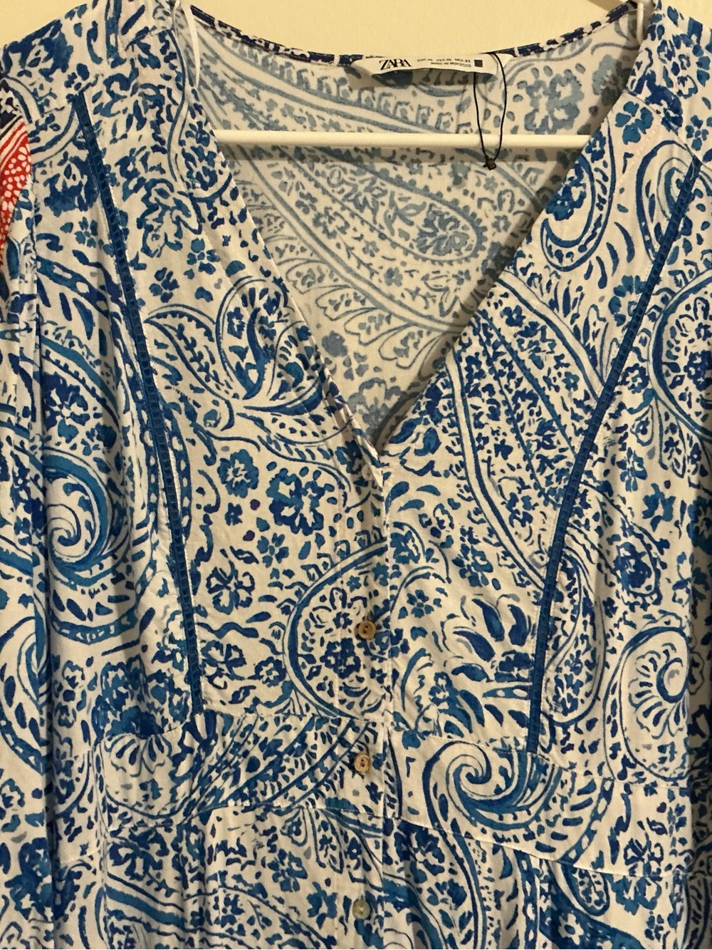 Zara XL Paisley Midi Dress Linen Blend Blue White Red Boho Prairie Resortwear - Picture 3 of 6